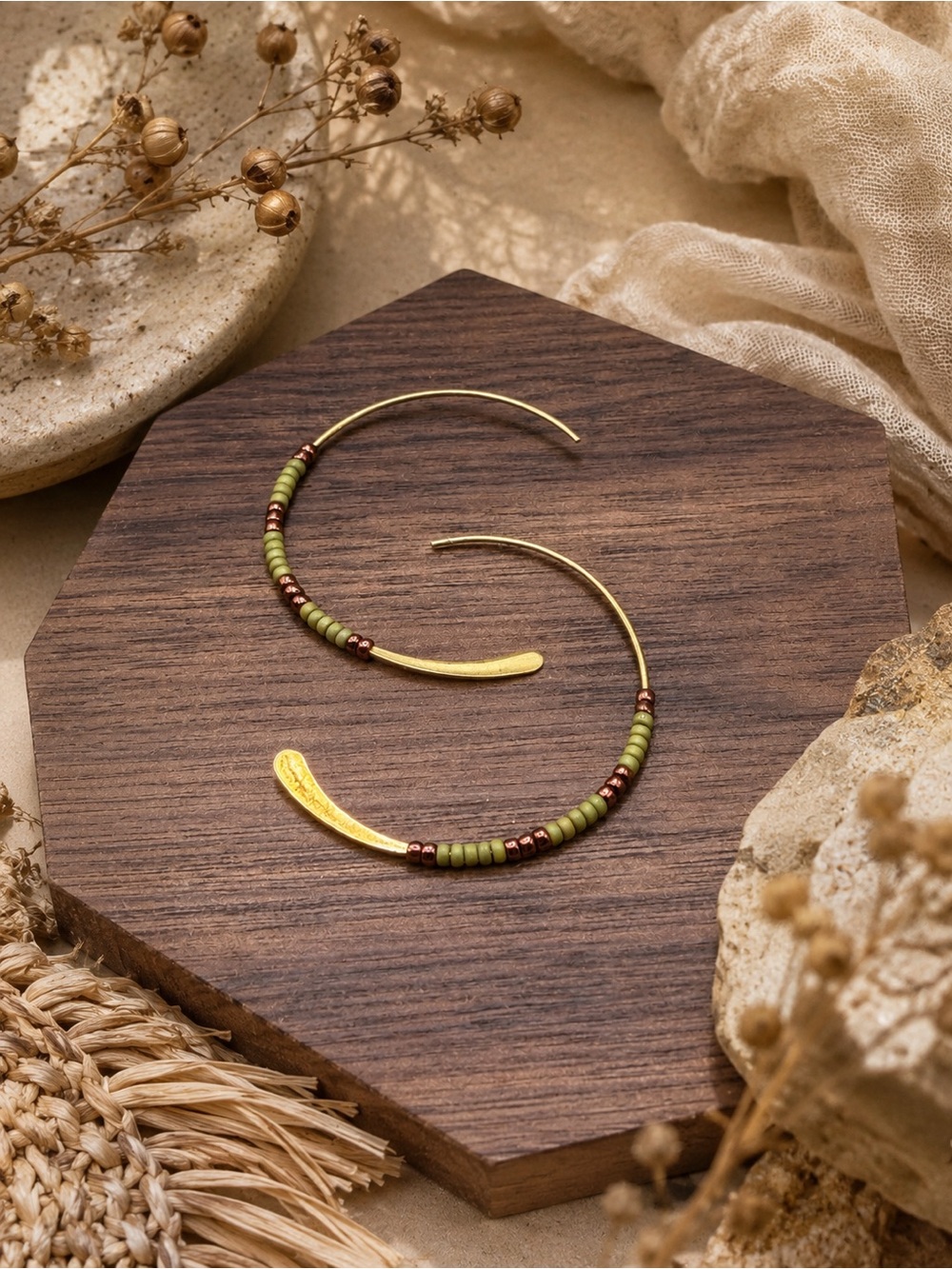 Gold Hoop Earrings with Olive Green Beads